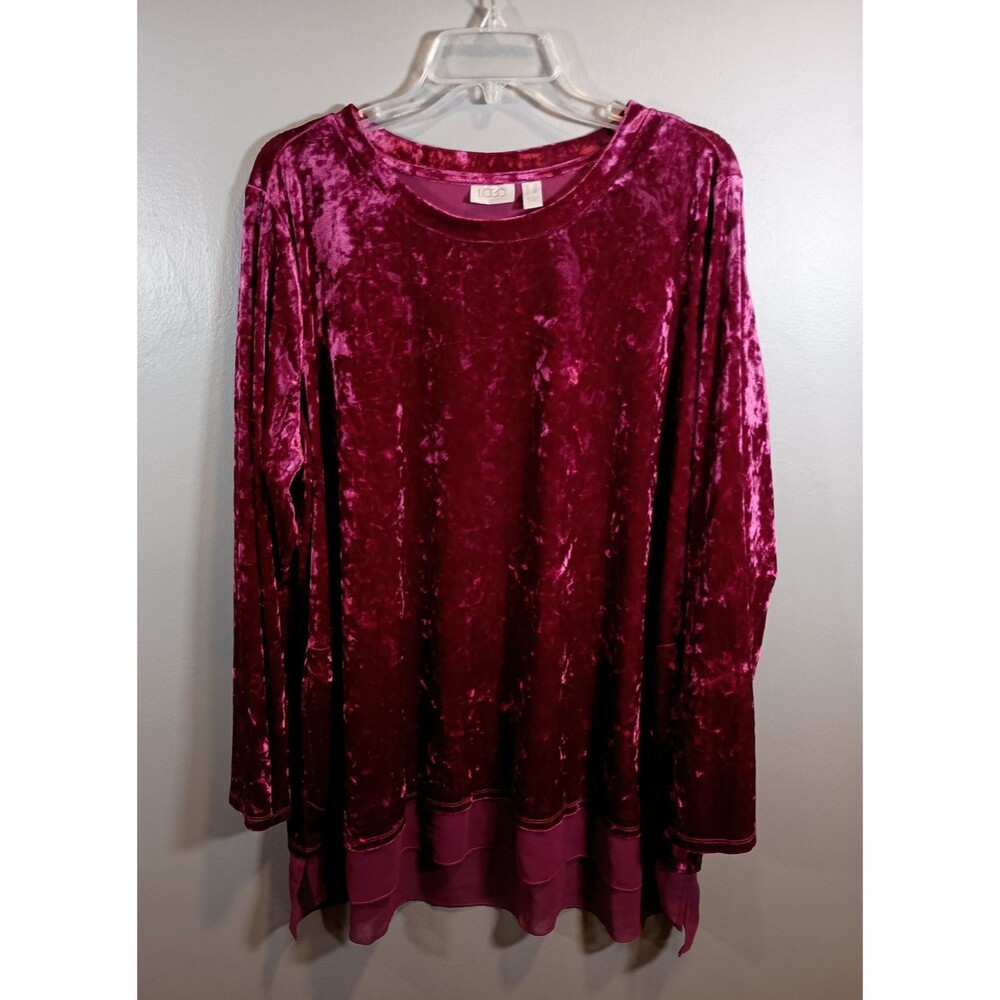 LOGO by Lori Goldstein Red Velvet Long Flare Sleeve Tunic Pockets Plus Size 2X - Picture 1 of 10